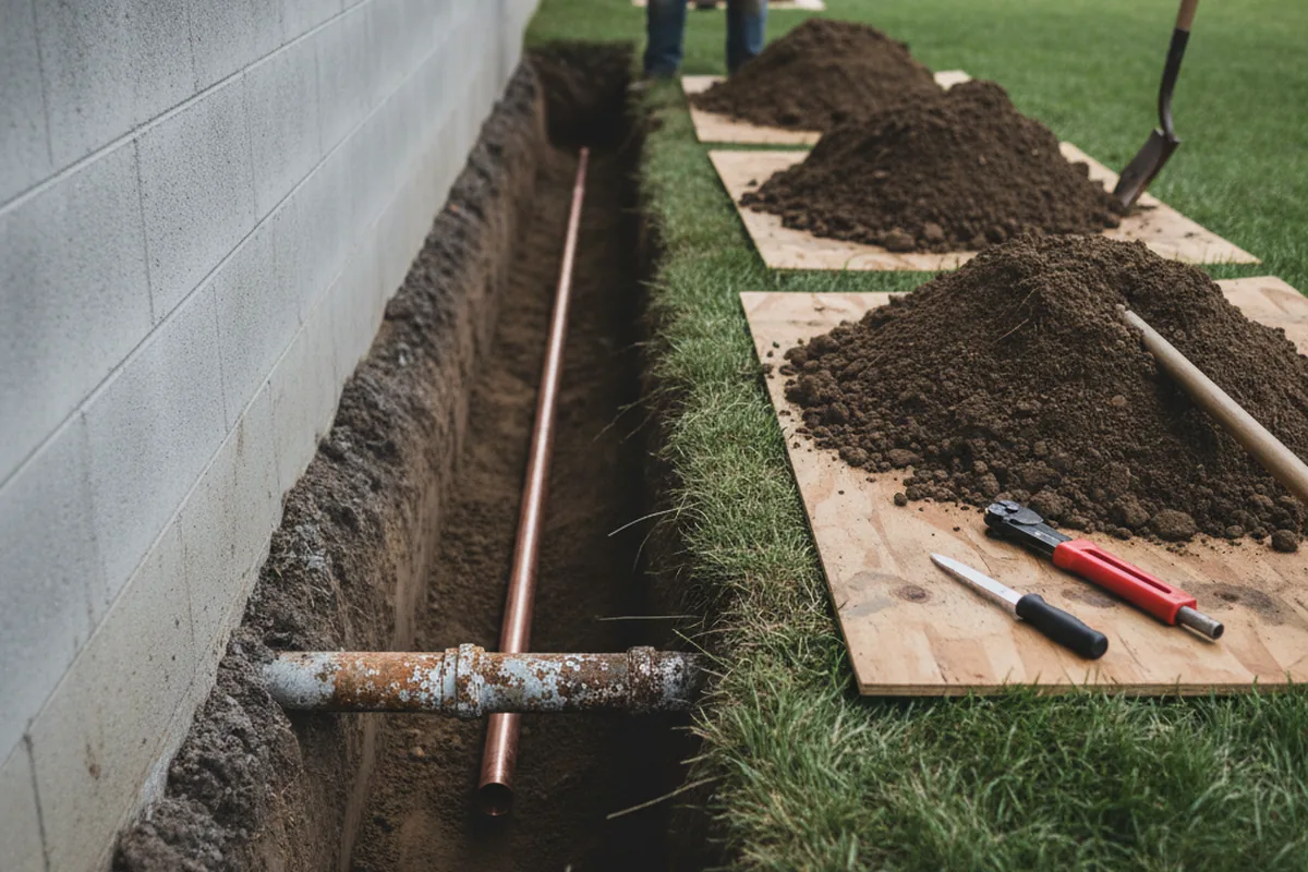 Excavated water line trench during Water Softener Installation in Bloomery